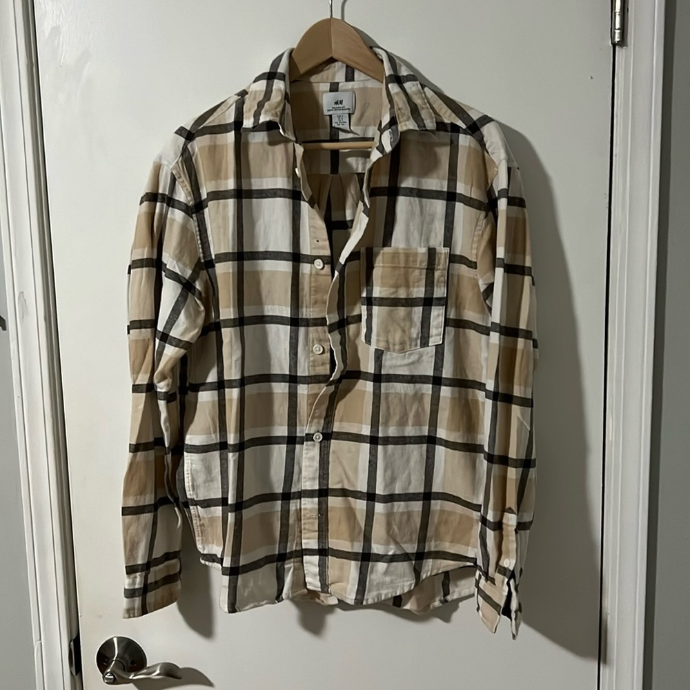 H&M Cotton Flannel Light Beige Black Men's Shirt Small Wore once.